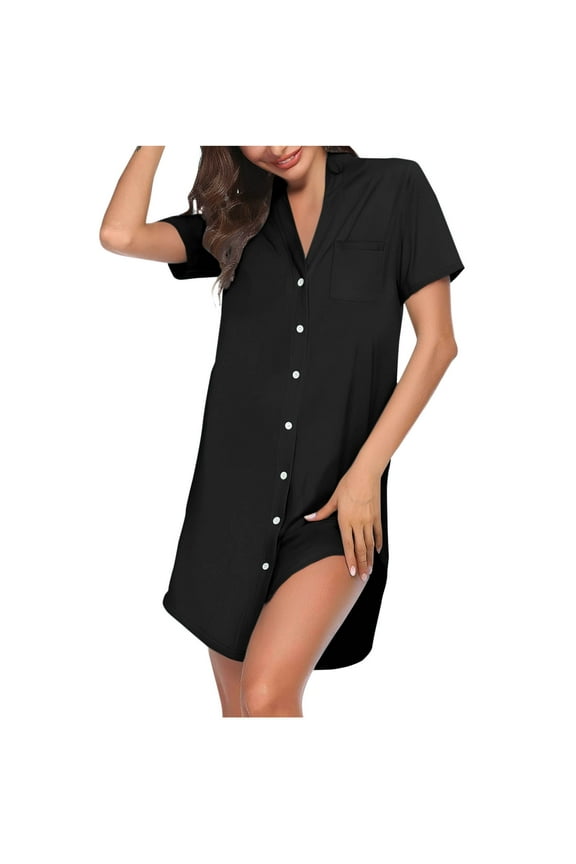 Fashion Women V-neck Solid Color Pocket Tie Buckle Short Sleeves Split Fork Home Short Nightgown