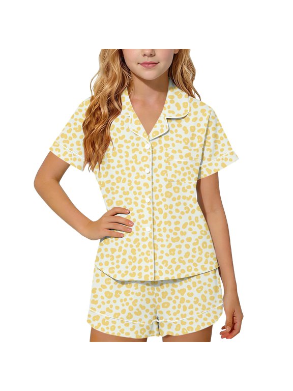 Girls Pajama Set Leopard Print Button Down Short Sleeve Top Shorts Set Soft Lightweight 2 Piece Summer Sleepwear