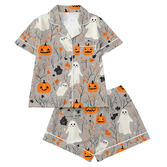 Ounisa Halloween Pajama Sets for Women 2 Piece Ghost Pumpkin Print Shirts and Shorts Button Down Short Sleeve Sleepwear