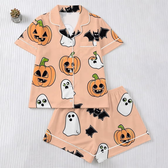 Ounisa Halloween Pajamas Women Casual Short Sleeve Button Down Tops and Shorts Silk Pajama Sets Sleepwear Lounge Sets