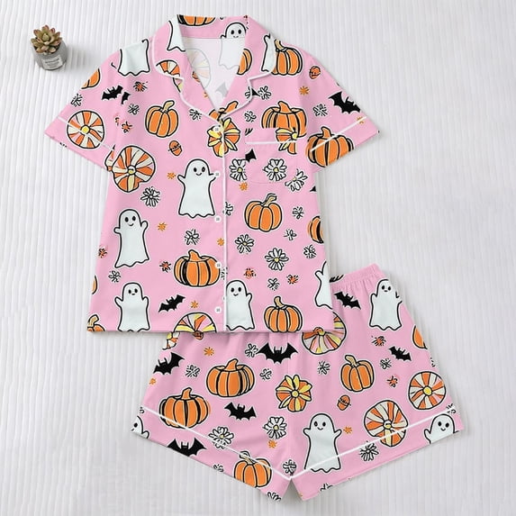 Ounisa Halloween Pajamas Women Casual Short Sleeve Button Down Tops and Shorts Silk Pajama Sets Sleepwear Lounge Sets