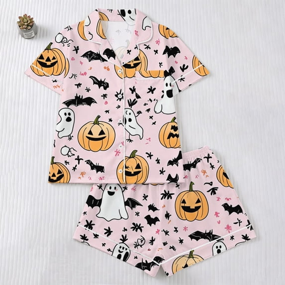 Ounisa Halloween Pajamas Women Casual Short Sleeve Button Down Tops and Shorts Silk Pajama Sets Sleepwear Lounge Sets