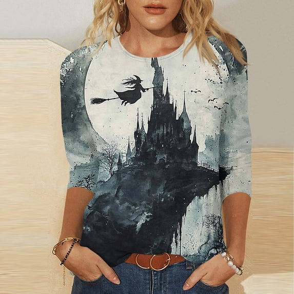 Ounisa Halloween Witch Party Shirts for Women Casual Fall Midsummer Witches Gather T-Shirt Halloween Witch Novelty Graphic Tees