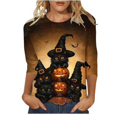 Ounisa Halloween Womens 3/4 Length Sleeve Tops Summer Crew Neck Halloween Graphic Printed T-Shirts Business Casual Fashion Blouses Tops 2025