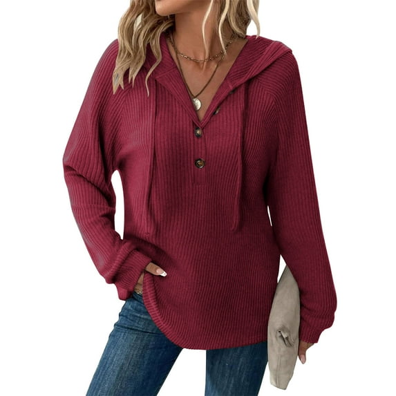 Ounisa Hoodies for Women Waffle Knit Long Sleeve Drawstring Button V Neck Casual Pullover Sweatshirt Hooded Tops