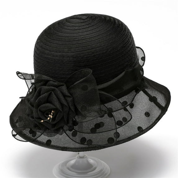 Ounisa Lady Polka dots Organza Fascinator Sun Hats Women Wide Brim Bowler Hat for Tea Party Church Wedding