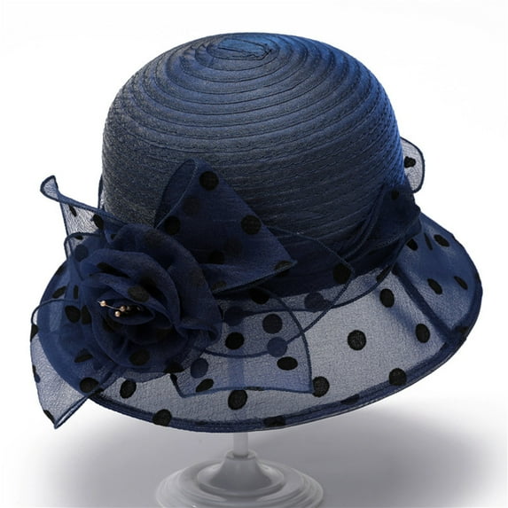 Ounisa Lady Polka dots Organza Fascinator Sun Hats Women Wide Brim Bowler Hat for Tea Party Church Wedding