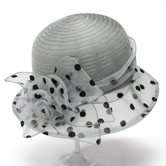 Ounisa Lady Polka dots Organza Fascinator Sun Hats Women Wide Brim Bowler Hat for Tea Party Church Wedding