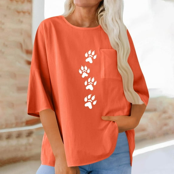 Ounisa Linen Shirts for Women 3/4 Sleeve Plus Size Tops Loose Crew Neck T Shirts Casual Three Quarter Length Tunic Summer Printed Tops with Pocket