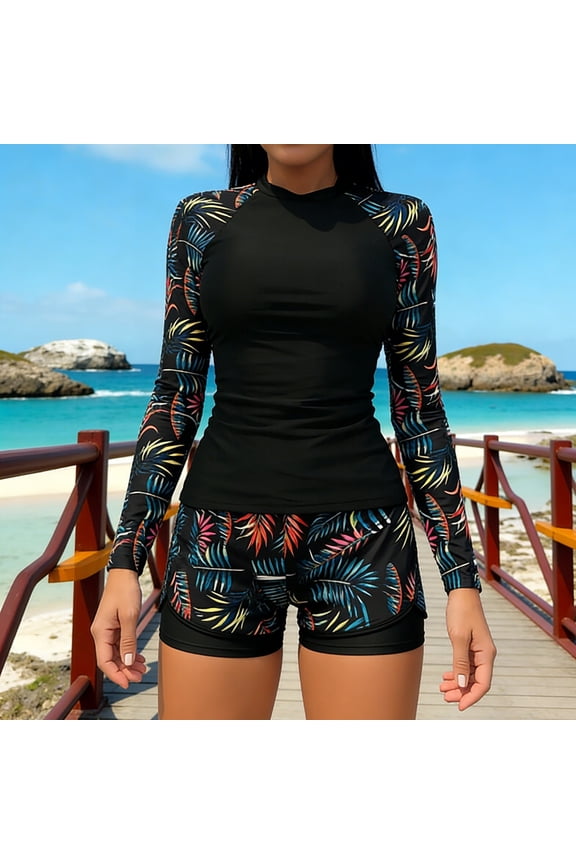 Long Sleeve Rash Guard Swimsuit for Women Two Piece Bathing Suit with Boyshorts Swimming Suits for Women