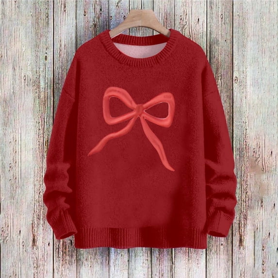 Ounisa Long Sleeve Shirts for Women Crewneck Valentine's Day T Shirts Bow Printed Tee Tops Fashionable Pullover Tops