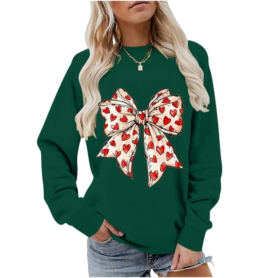 Ounisa Long Sleeve Shirts for Women Crewneck Valentine's Day T Shirts Love Bow Printed Tee Tops Fashionable Pullover Clothes