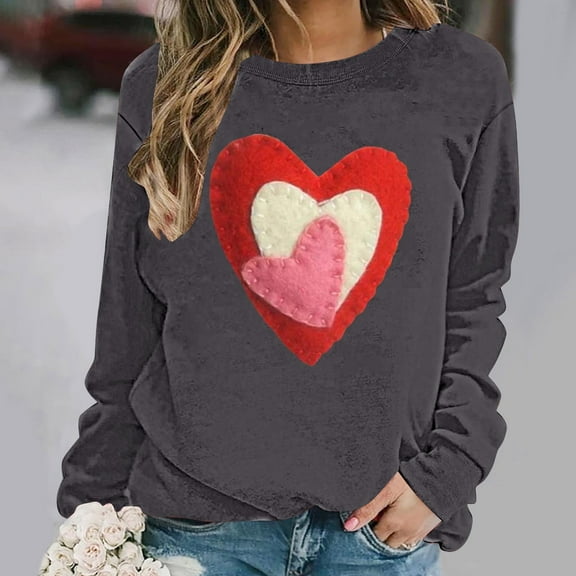 Ounisa Long Sleeve Shirts for Women Crewneck Valentine's Day T Shirts Love Heart Printed Tee Tops Fashionable Casual Clothes