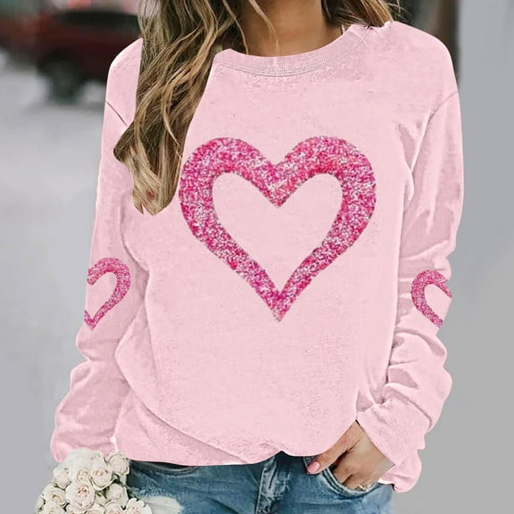 Ounisa Long Sleeve Shirts for Women Crewneck Valentine's Day T Shirts Love Heart Printed Tee Tops Fashionable Casual Clothes