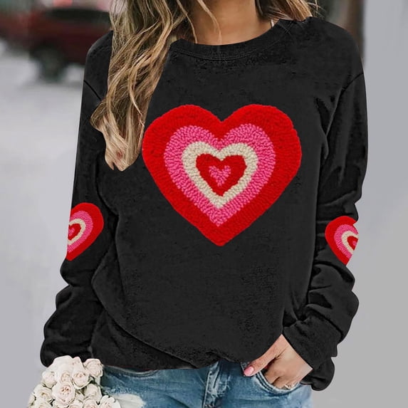 Ounisa Long Sleeve Shirts for Women Crewneck Valentine's Day T Shirts Love Heart Printed Tee Tops Fashionable Casual Clothes