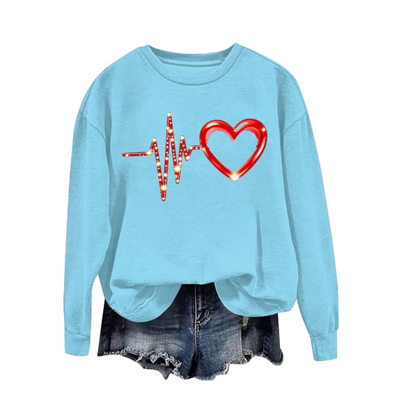Ounisa Long Sleeve Shirts for Women Crewneck Valentine's Day T Shirts Love Heart Printed Tee Tops Fashionable Casual Loose Clothes