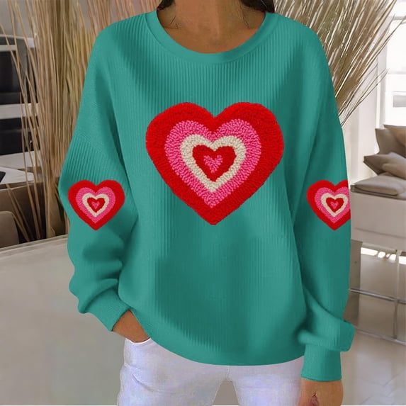 Ounisa Long Sleeve Shirts for Women Crewneck Valentine's Day T Shirts Love Heart Printed Tee Tops Fashionable Casual Loose Tops