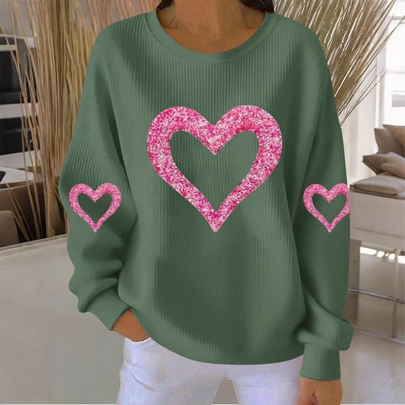 Ounisa Long Sleeve Shirts for Women Crewneck Valentine's Day T Shirts Love Heart Printed Tee Tops Fashionable Casual Loose Tops