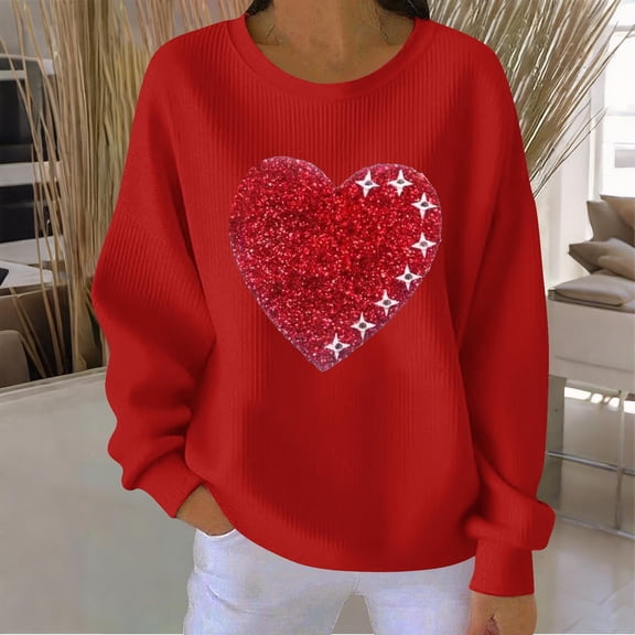 Ounisa Long Sleeve Shirts for Women Crewneck Valentine's Day T Shirts Love Heart Printed Tee Tops Fashionable Casual Loose Tops