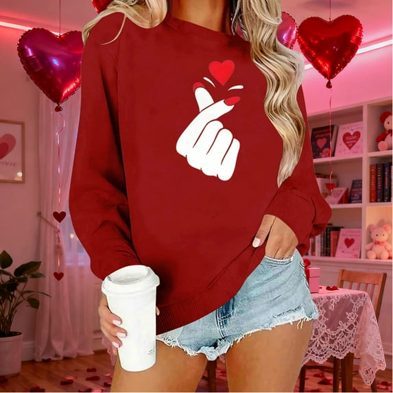 Ounisa Long Sleeve Shirts for Women Crewneck Valentine's Day T Shirts Love Heart Printed Tee Tops Fashionable Pullover Tops