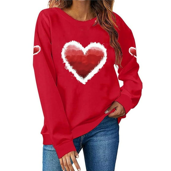 Ounisa Long Sleeve Shirts for Women Crewneck Valentine's Day T Shirts Love Heart Printed Tee Tops Fashionable Winter Fall Clothes