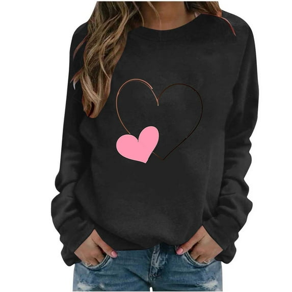 Ounisa Long Sleeve Shirts for Women Crewneck Valentine's Day T Shirts Love Heart Printed Tee Tops Fashionable Winter Fall Tops