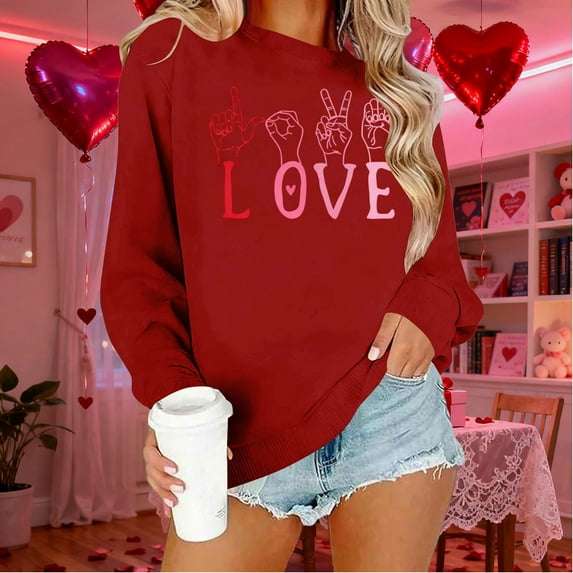 Ounisa Long Sleeve Shirts for Women Crewneck Valentine's Day T Shirts Love Heart Words Printed Tee Tops Fashionable Pullover Tops