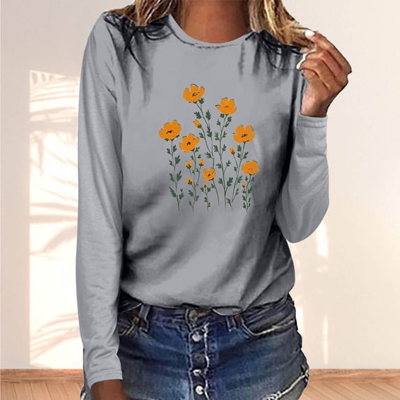 Ounisa Long Sleeve Shirts for Womens Round Neck Graphic Printed Tees Shirt Plus Size Pullover Tops 2026 Spring Clothes