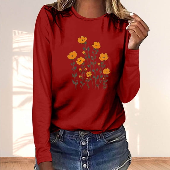 Ounisa Long Sleeve Shirts for Womens Round Neck Graphic Printed Tees Shirt Plus Size Pullover Tops 2026 Spring Clothes