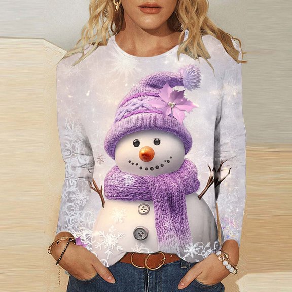 Ounisa Long Sleeve Womens Tops Casual Loose Fit Crewneck T Shirts Solid Lightweight Length Tunic Tops Christmas Tree Christmas Gifts Snowman Sequin Graphic Pullover