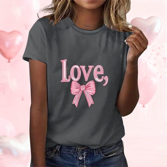 Ounisa Love Heart Bows Graphic Tees Cute Shirt Women Loose Fit Short Sleeve Top Valentines Shirts