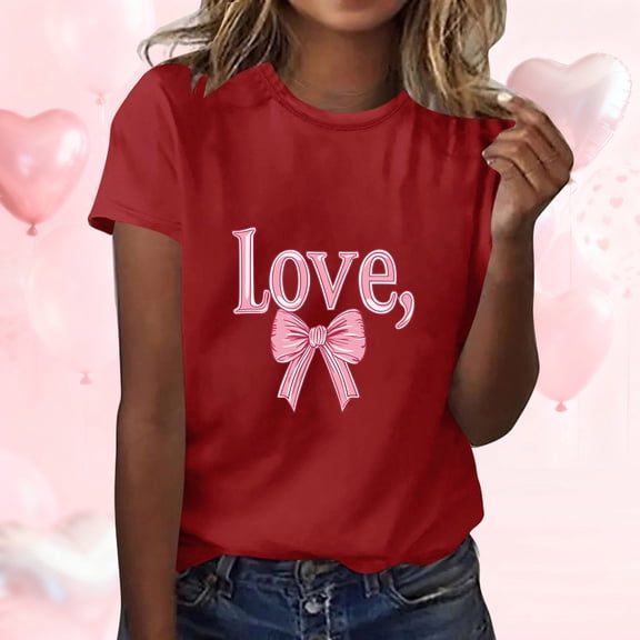Ounisa Love Heart Bows Graphic Tees Cute Shirt Women Loose Fit Short Sleeve Top Valentines Shirts