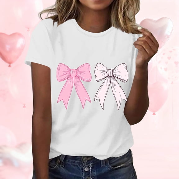 Ounisa Love Heart Bows Graphic Tees Cute Shirt Women Loose Fit Short Sleeve Top Valentines Shirts