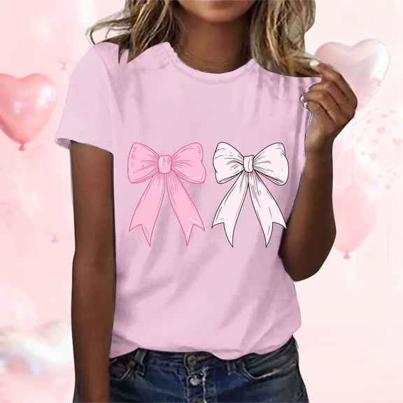 Ounisa Love Heart Bows Graphic Tees Cute Shirt Women Loose Fit Short Sleeve Top Valentines Shirts