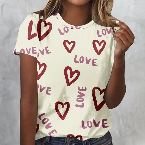 Ounisa Love Heart Graphic Tees Cute Shirt Women Loose Fit Short Sleeve Top