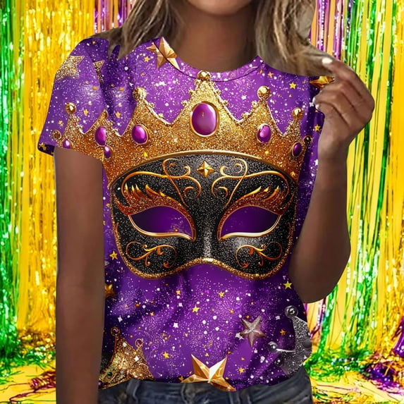Ounisa Mardi Gras Shirts for Women Carnival T Shirt Funny Mardi Gras Masks Graphic New Orleans Parade Short Sleeved Tops