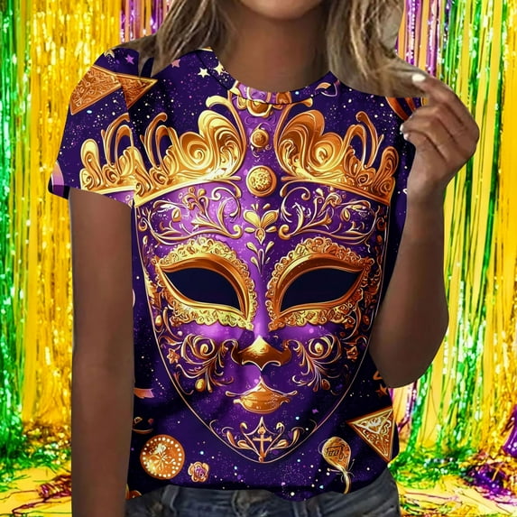 Ounisa Mardi Gras Shirts for Women Carnival T Shirt Funny Mardi Gras Masks Graphic New Orleans Parade Short Sleeved Tops