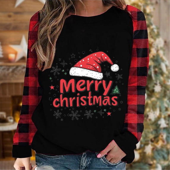 Ounisa Merry Christmas Sweatshirt for Women Christmas Gift Red Wine Glasses Graphic Raglan Plaid Tops Long Sleeve Snowflake Holiday Shirts