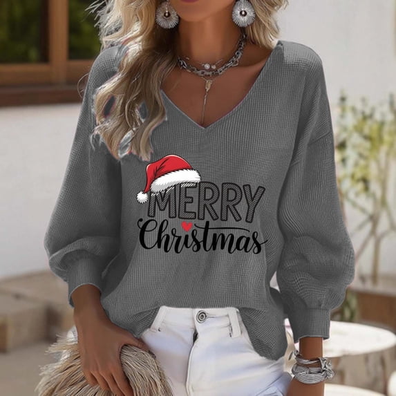 Ounisa Merry Christmas Sweatshirt for Women Christmas Hats Christmas Trees Crew Neck Long Sleeve Funny Hoodies Fall Winter Pullover