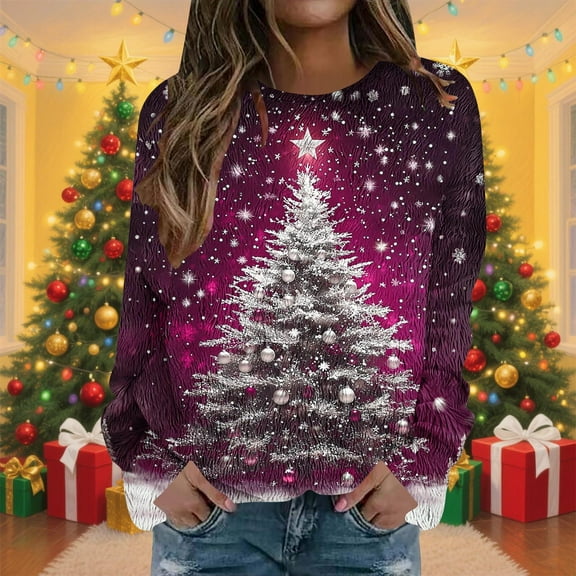 Ounisa Merry Christmas Sweatshirt for Women Drop Shoulder Long Sleeve Christmas Tree Pullover Lightweight Shirt
