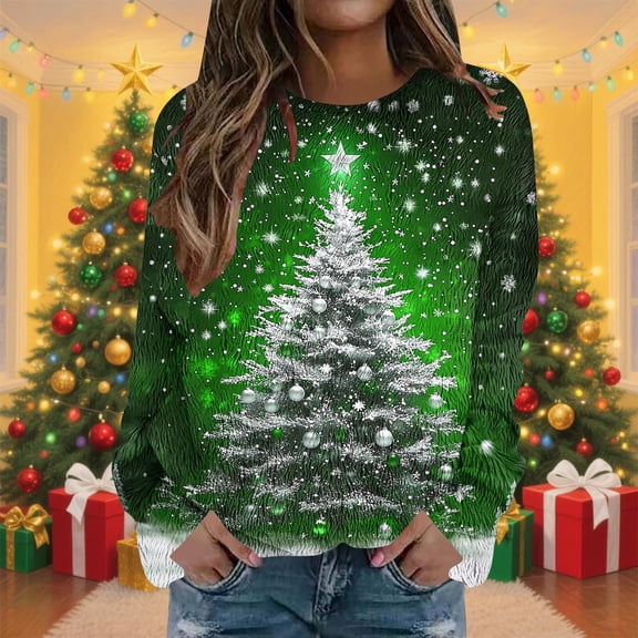 Ounisa Merry Christmas Sweatshirt for Women Drop Shoulder Long Sleeve Christmas Tree Pullover Lightweight Shirt
