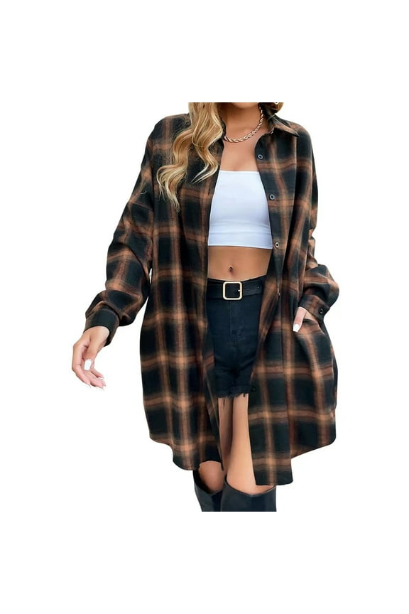 Oversized Mid Long Plaid Flannel Shirts for Women Lapel Long Sleeve Check Blouse with Pockets