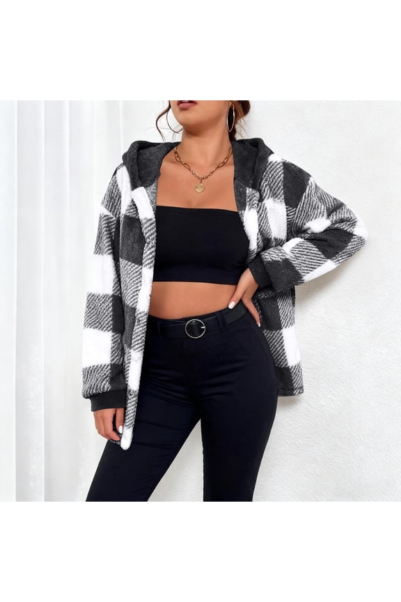 Plaid Jacket for Woman Hooded Fuzzy Sherpa Fleece Jacket Button Down Plus Size Winter Coats Buffalo Plaid Shacket