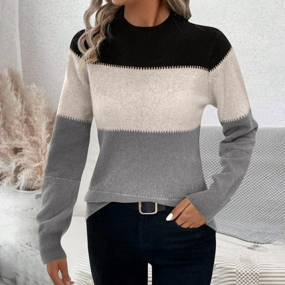 Ounisa Plus Size Fall Sweaters for Women Color Block Striped Mock Neck Long Sleeve Sweater Pullover Tops