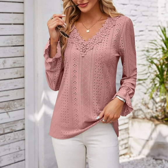 Ounisa Plus Size Tops for Women V Neck Ruffle Long Sleeve Eyelet T Shirt Trendy Crochet Casual Hollow Blouses Tees
