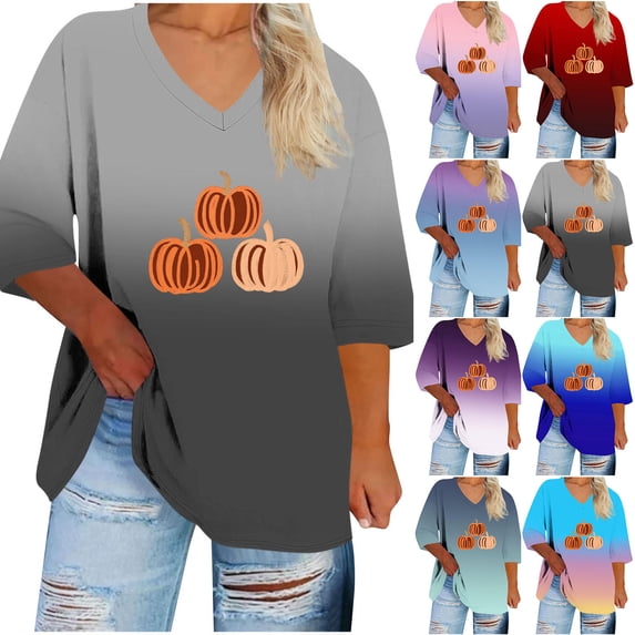 Ounisa Plus Size V Neck Pumpkin T-Shirt Women Retro Graphic Halloween Tees Casual Loose Short Sleeve Fall Holiday Tops