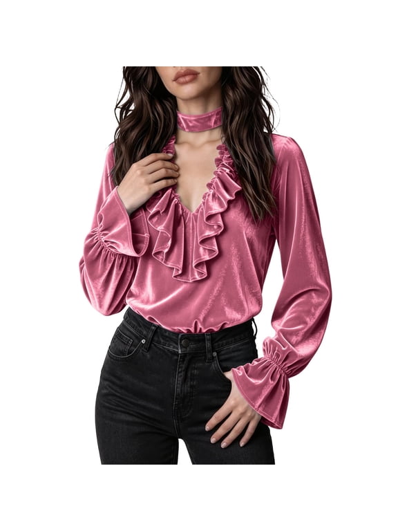 Ruffle Blouse for Women Velvet V Neck Bishop Sleeve Choker Neck Top Victorian Flounce Collar Evening Wear Shirt