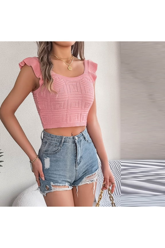 Ruffle Trim Tank Tops for Women Textured Knit Slim Fitted Cami Crop Tops Sleeveless Summer Going Out Sweater Tops