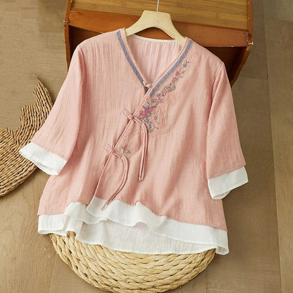 Ounisa Shirts Peasant Blouses Cotton Embroidered 3/4 Sleeve Summer V Neck Tunic Bohemian Tops Boho Clothes for Women