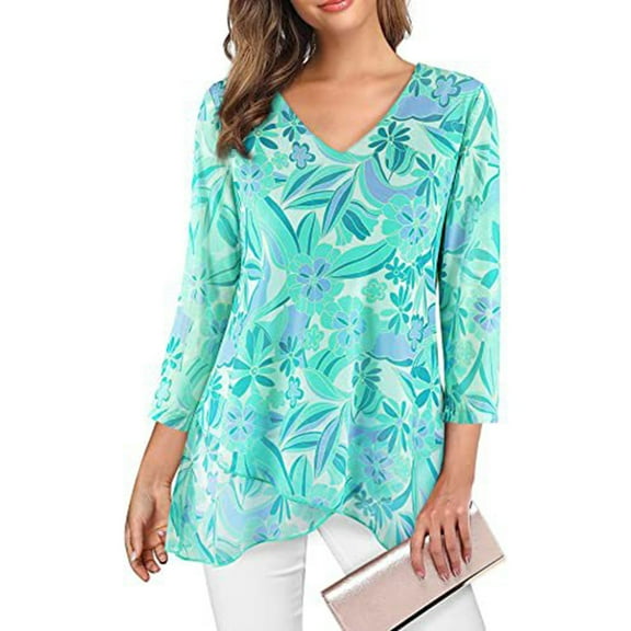 Ounisa Shirts for Women 2025 Summer 3/4 Length Sleeve Womens Tops Dressy Casual Pleated Blouses V Neck Tee Shirts